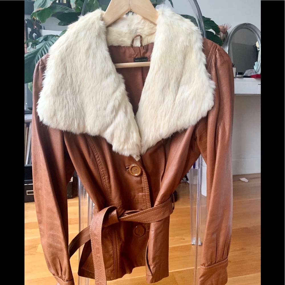 70's Vintage Leather Jacket with Rabbit Fur Collar